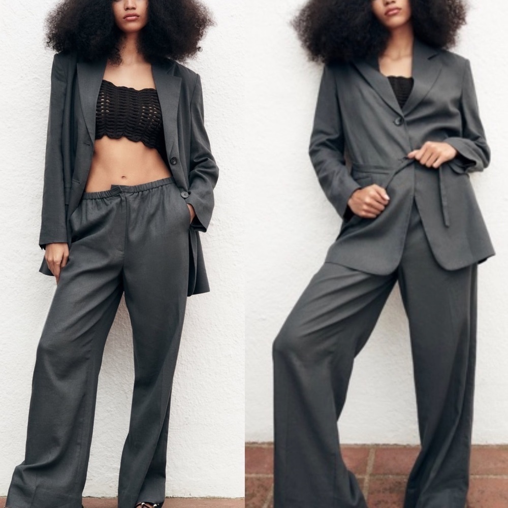 ZARA New Gray Linen Blend Belted Lapel Collar Long Sleeves Blazer Size S 2753129 - Picture 1 of 17